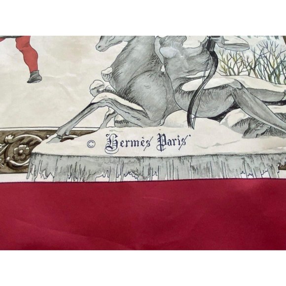 HERMÈS PARIS "L'hiver"By Ledoux Red Horses Snow Hunting Scarf SQR 34’’GD COND - Picture 2 of 9
